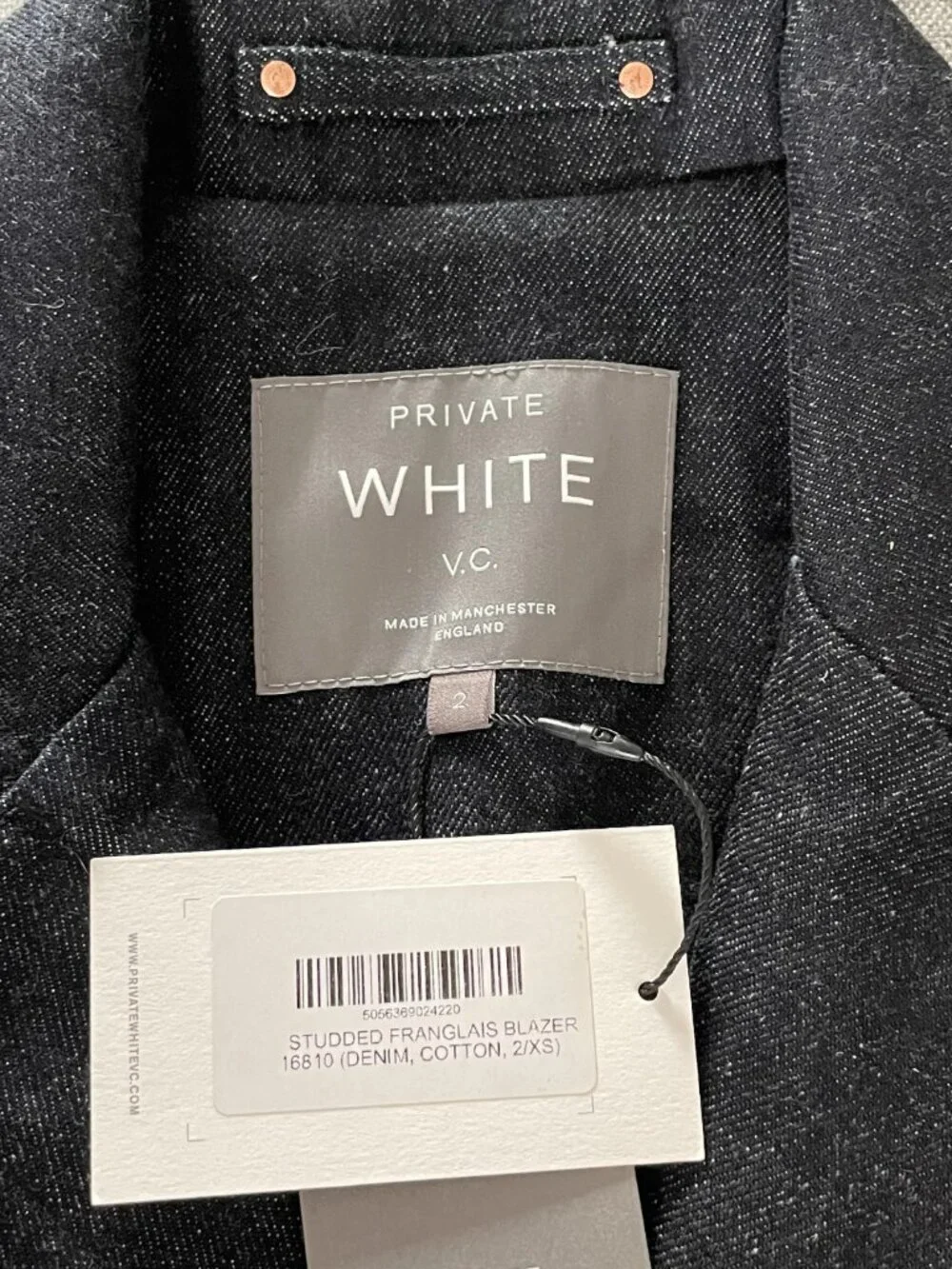 Private White V.C. Studded Franglais Blazer, Denim, Size 2/XS